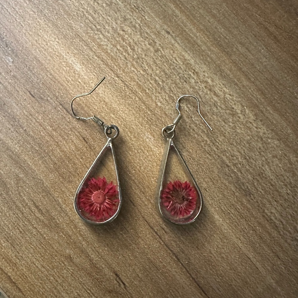 Elegant Silver and Pink Floral Teardrop Earrings